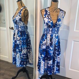 Adrianna Papell Blue & White Silk Blend Floral Halter Tie Mini Dress Size 8